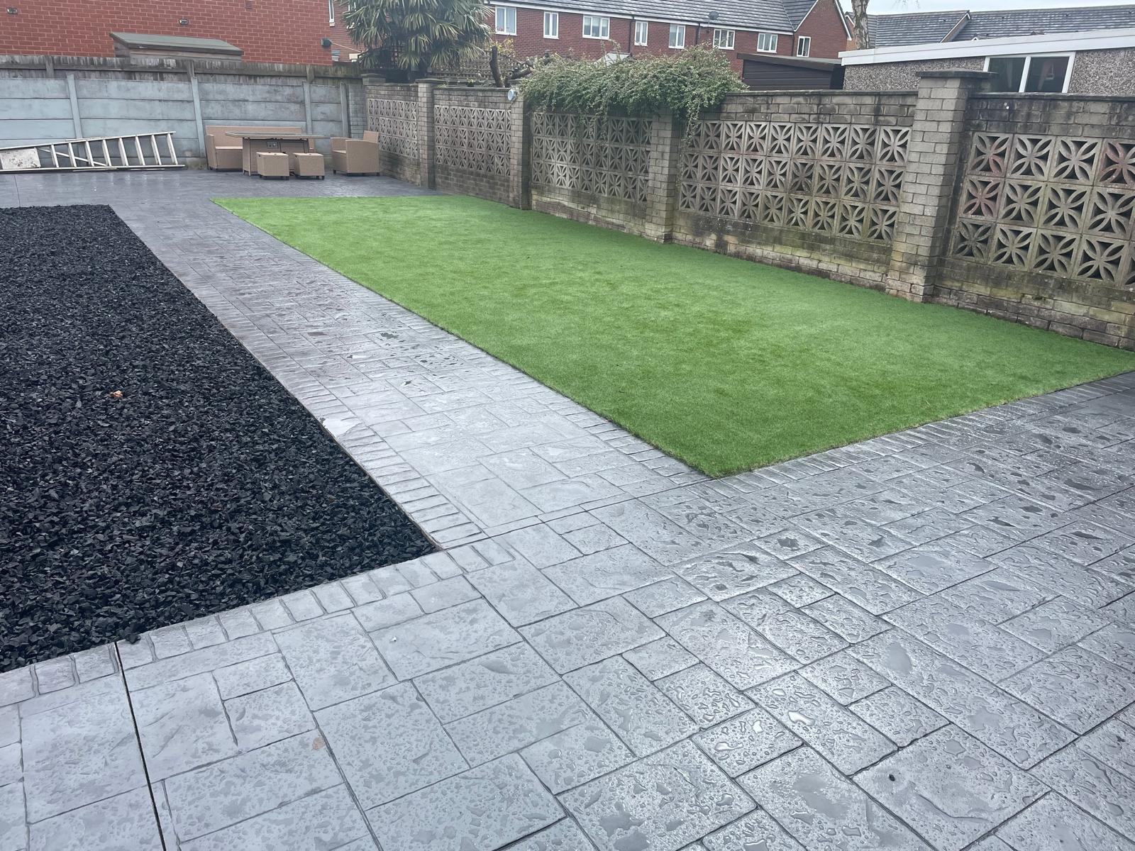 Grey imprinted concrete back garden patio, Warrington