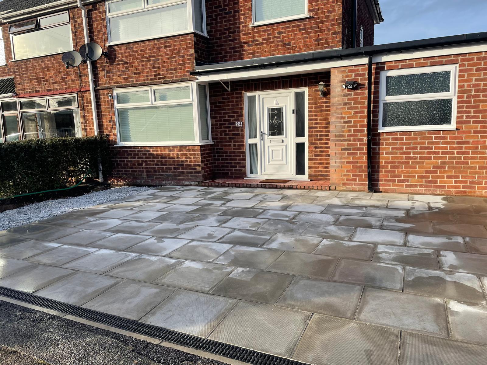 Large format sand stone effect imprinted concrete patio, Warrington