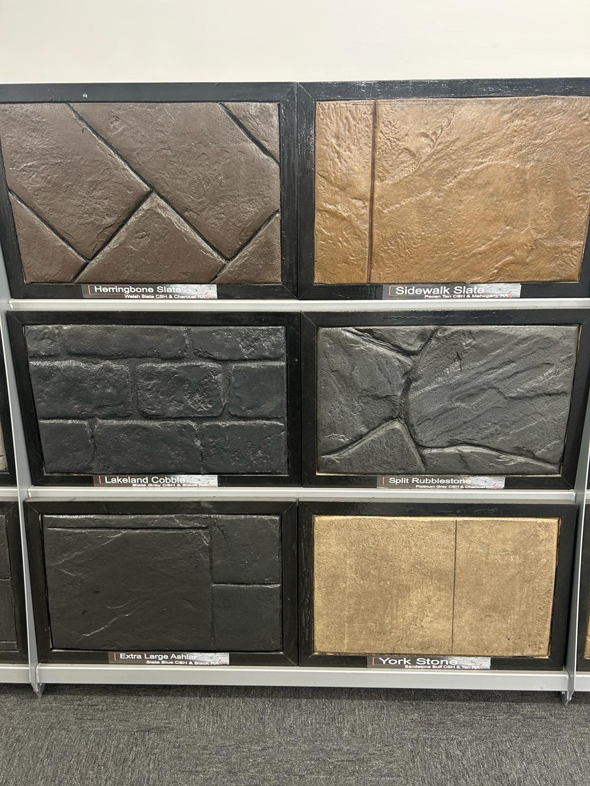 Slate and traditional imprinted concrete pattern samples — Herringbone Slate, York Stone, Lakeland Cobble, Warrington