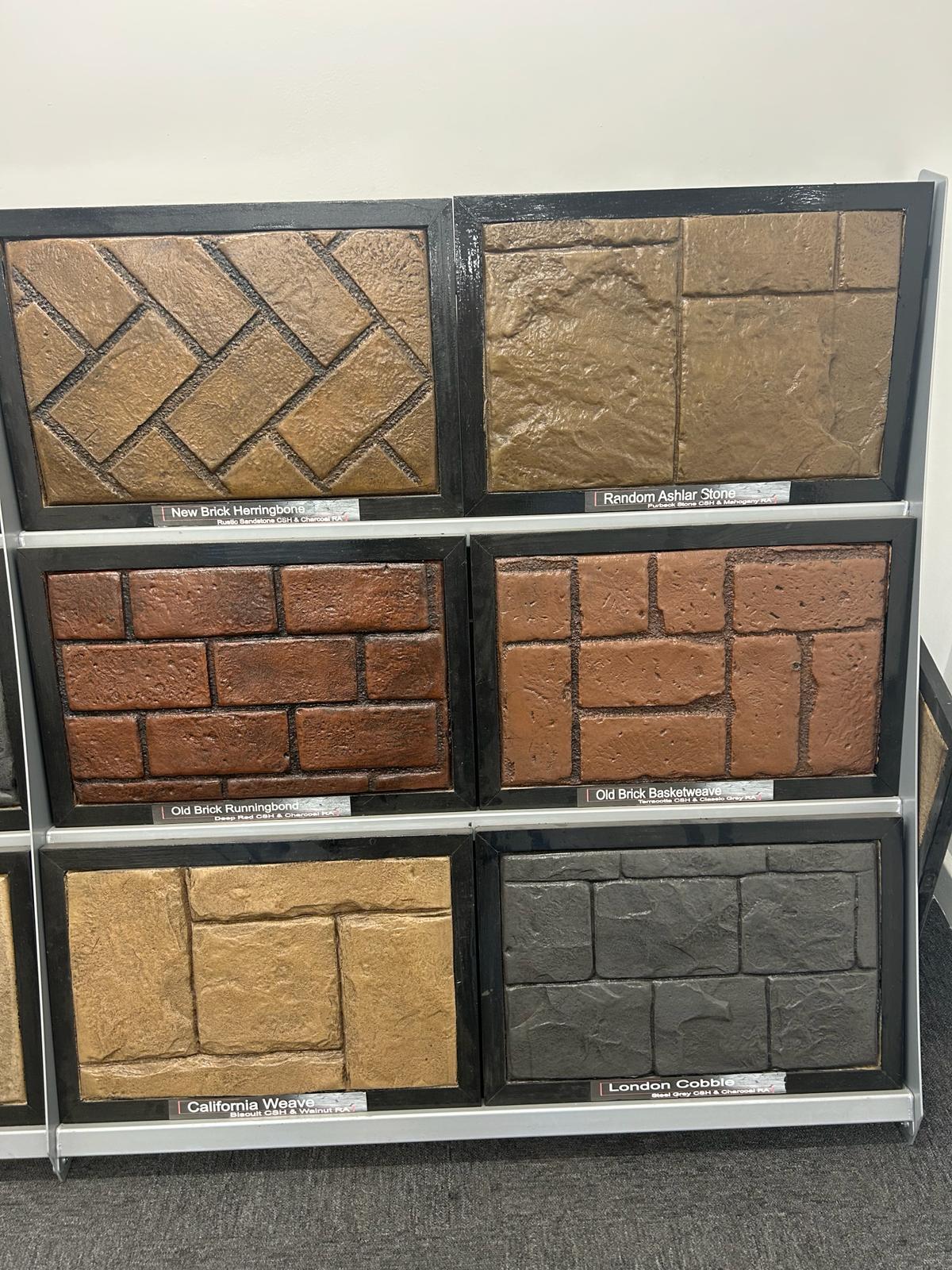 Brick and weave imprinted concrete pattern samples — Herringbone, Runningbond, Basketweave, available in Warrington
